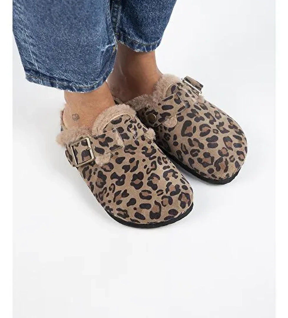 Manijero Kahverengi-Siyah Kadın Deri - Kürklü Terlik MNJ.156.01 - Görsel 1