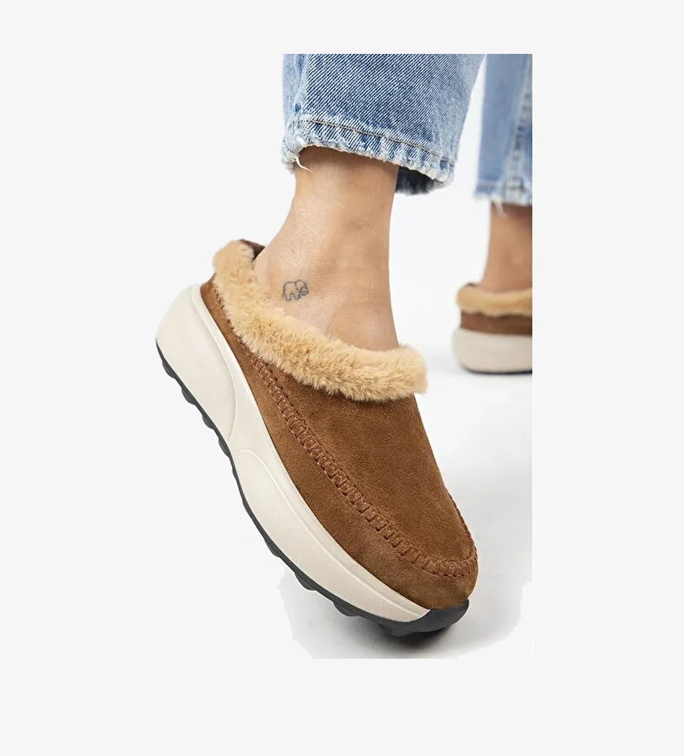 Manijero (Adela Kürklü) Kadın Hakiki Deri Sabo Taba Terlik - Görsel 1