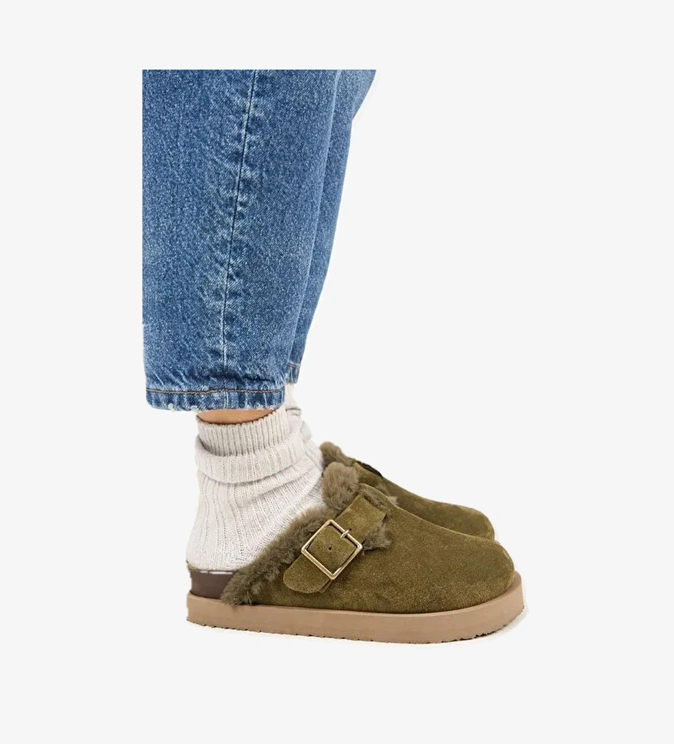 Manijero Haki Kadın Süet - Kürklü Terlik MNJ.161.03 - Görsel 1