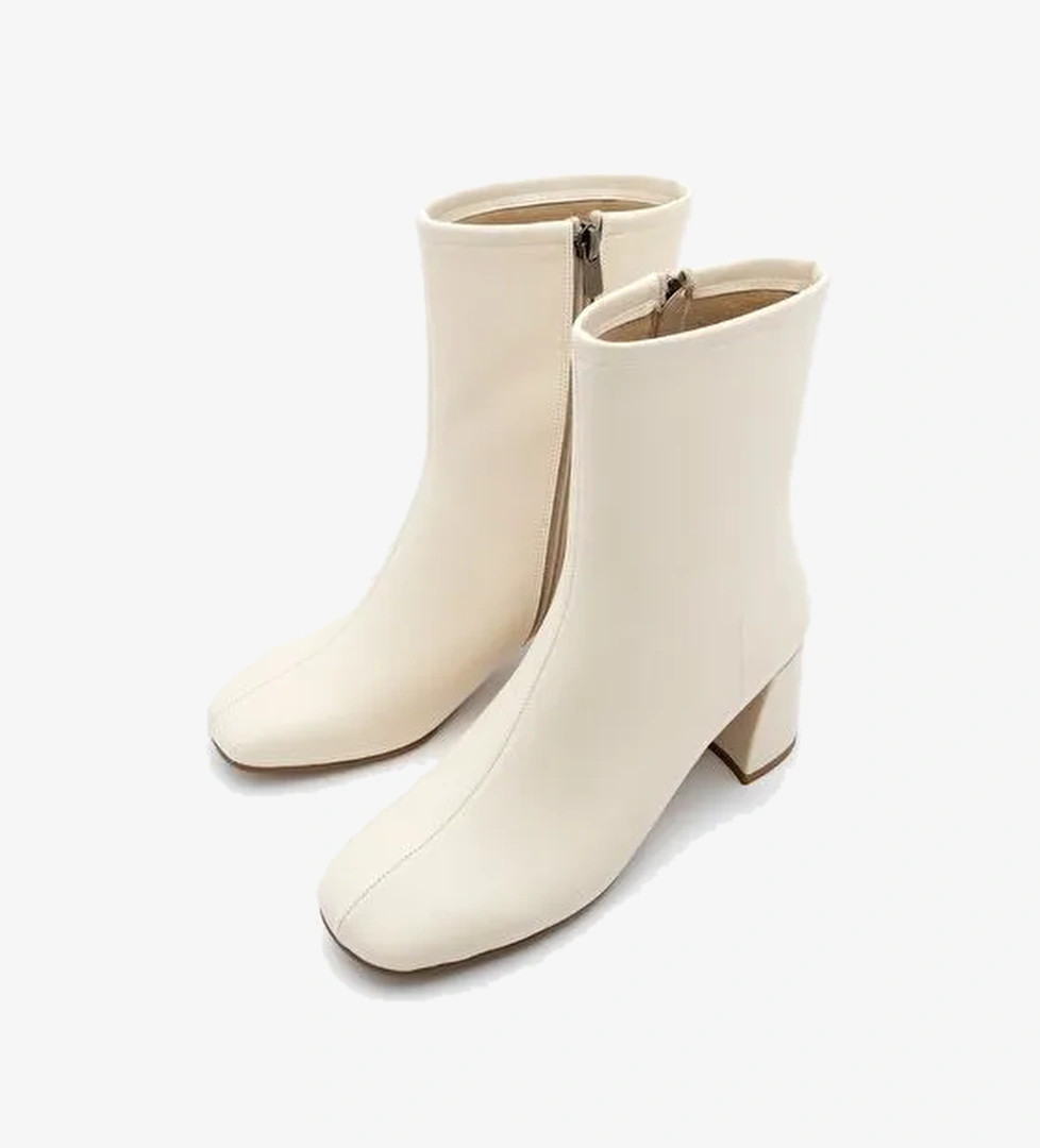 Kadın Topuklu Bot Küt Burun Fermuarlı Nonas Ekru - Görsel 1