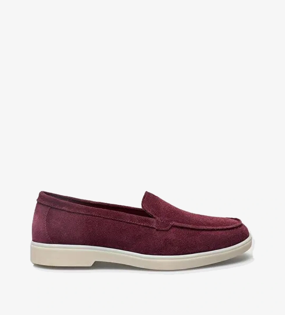 %100 Hakiki Deri Bordo Süet Kadın Loafer - Görsel 1
