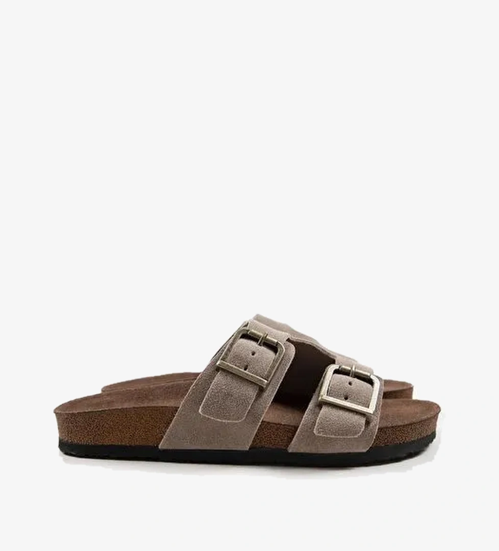 Krahe Jose Erkek Hakiki Deri Çift Tokalı Vizon Terlik - Görsel 1