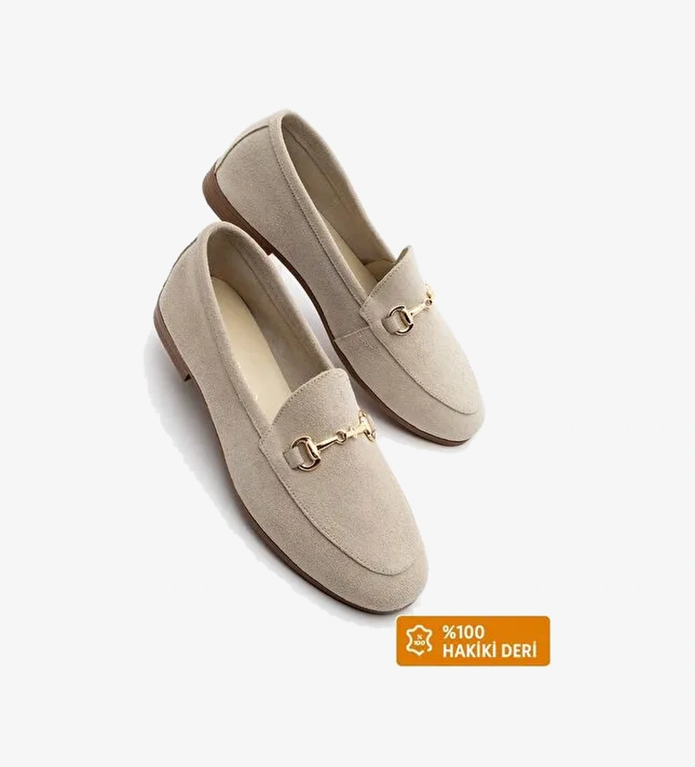 Kadın Hakiki Deri Zincirli Loafer Günlük Ayakkabı Tanle Bej Süet - Görsel 1