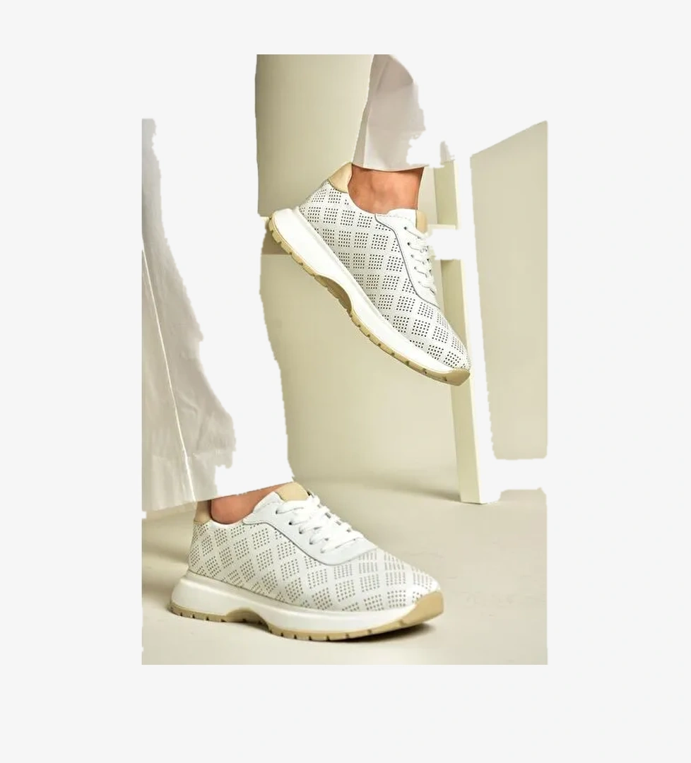 U555025603 Beyaz Hakiki Deri Kadın Spor Ayakkabı Sneakers - Görsel 1