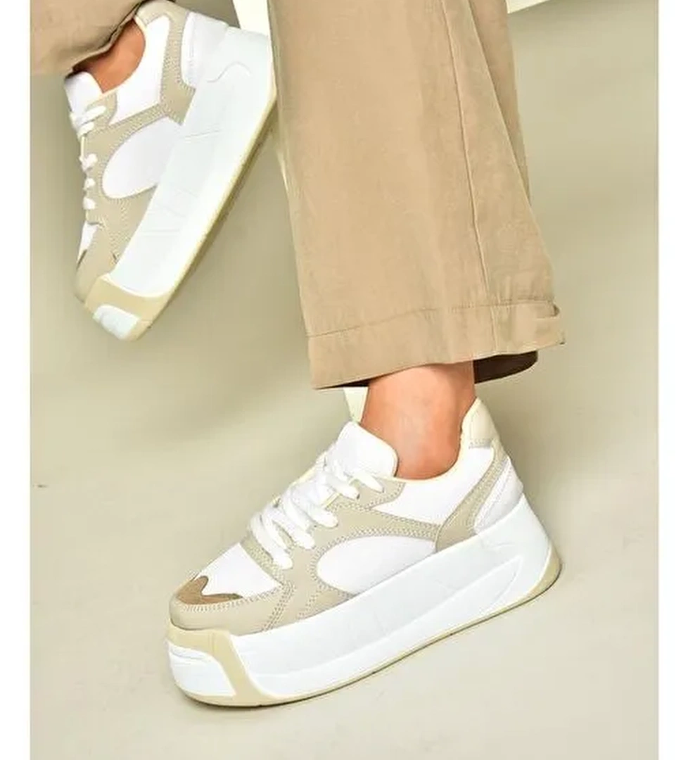 Fox Shoes Bej-Beyaz Kadın Sneaker 13357 - Görsel 1