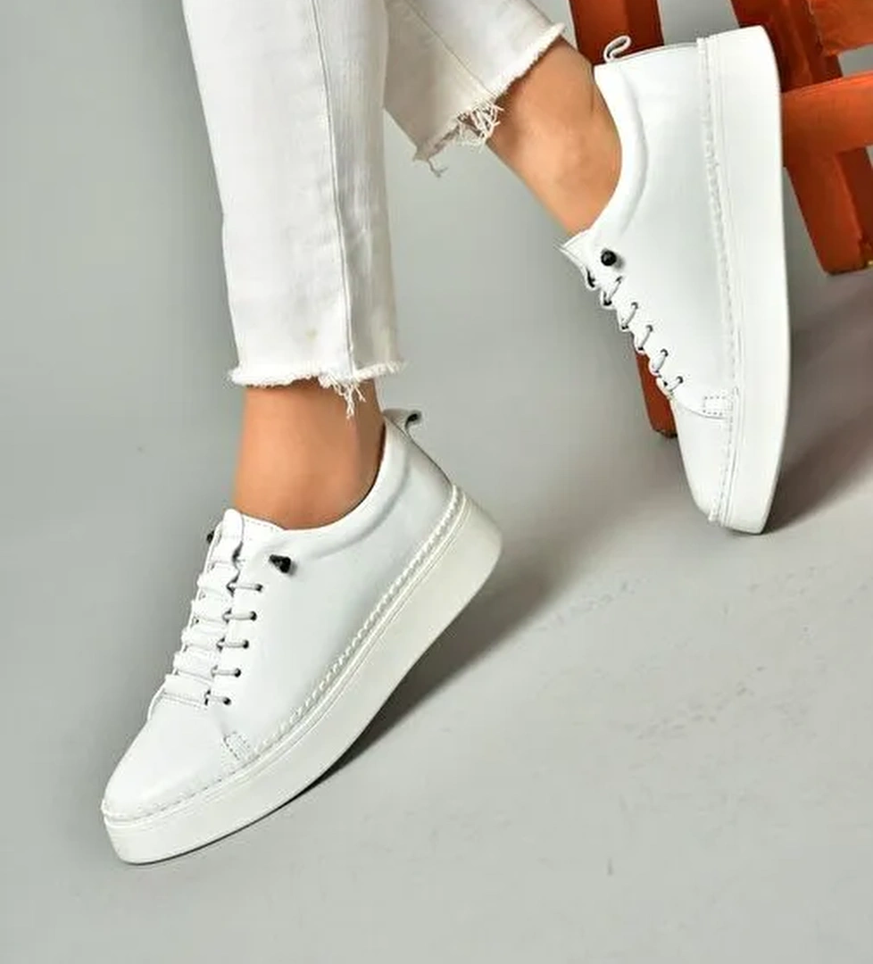 P555305003 Beyaz Hakiki Deri Spor Ayakkabı Sneakers - Görsel 1