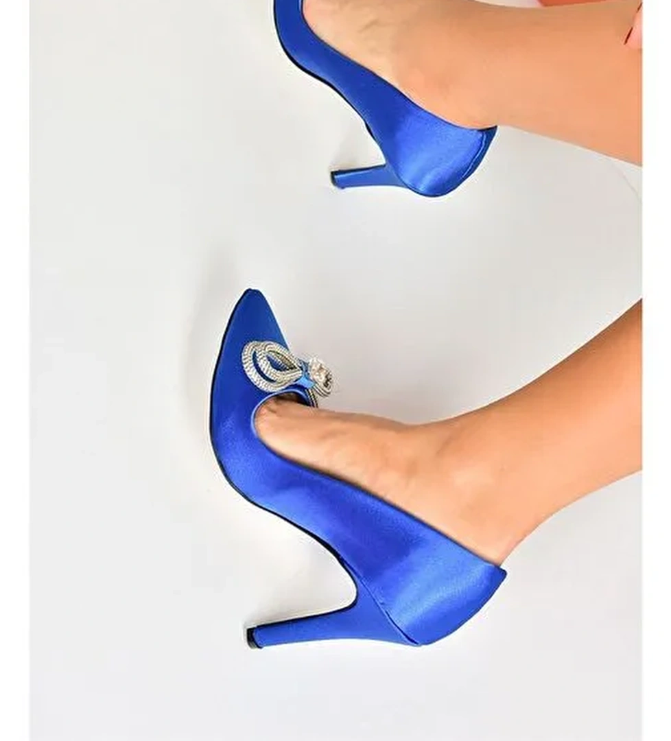 Saks Mavi Saten Kumaş Taşlı Kadın Stiletto M253972004 - Görsel 1