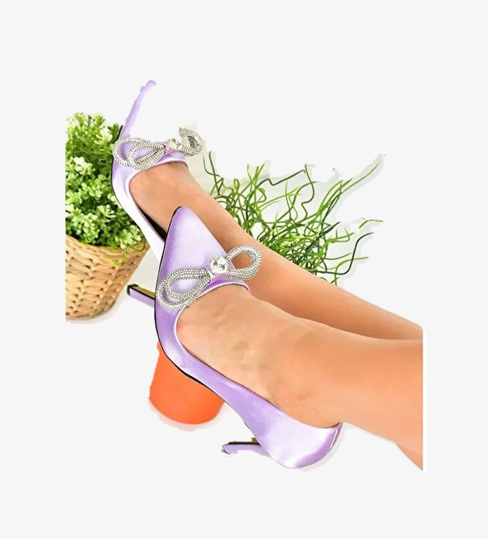 Lila Saten Kumaş Taşlı Kadın Stiletto M253972004 - Görsel 1