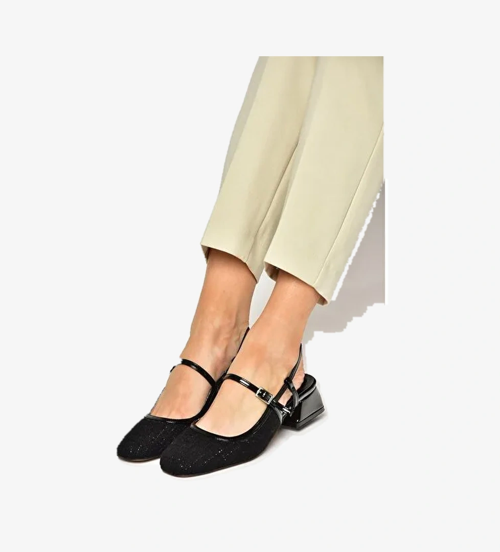 S472572604 Siyah Kumaş Kalın Topuklu Kadın Ayakkabı - Görsel 1