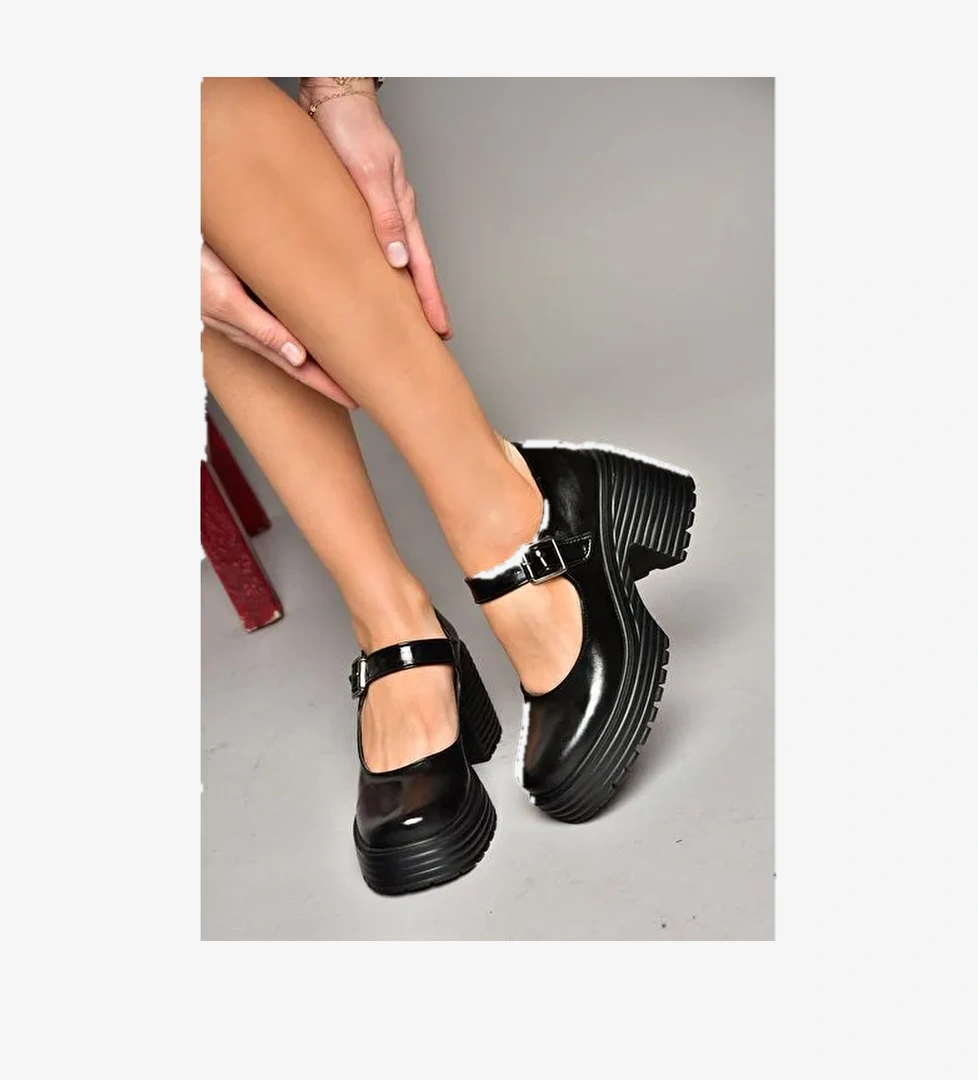 R996053008 Siyah Rugan Kalın Topuklu Kadın Ayakkabı - Görsel 1