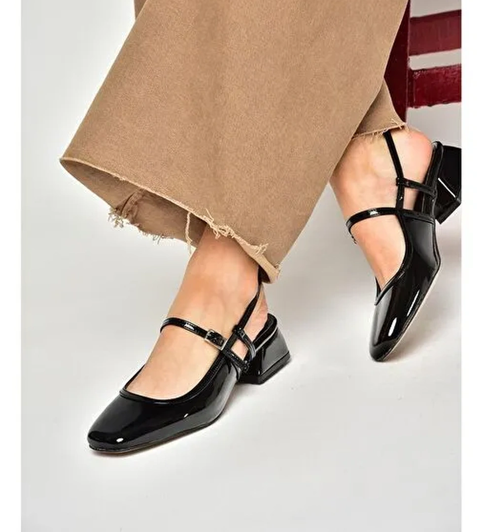 S472572608 Siyah Rugan Kalın Topuklu Kadın Ayakkabı - Görsel 1