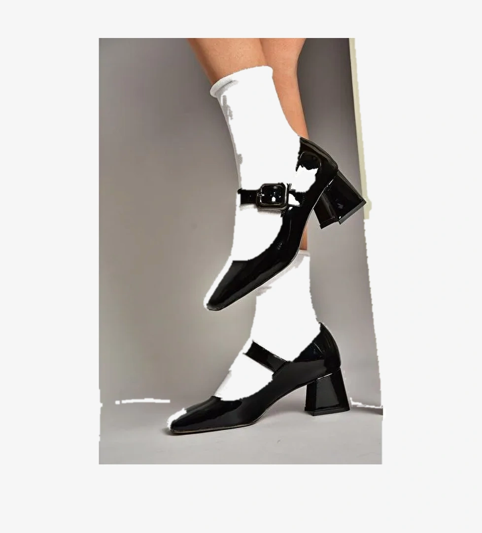 T569613208 Siyah Rugan Kalın Topuklu Kadın Ayakkabı - Görsel 1