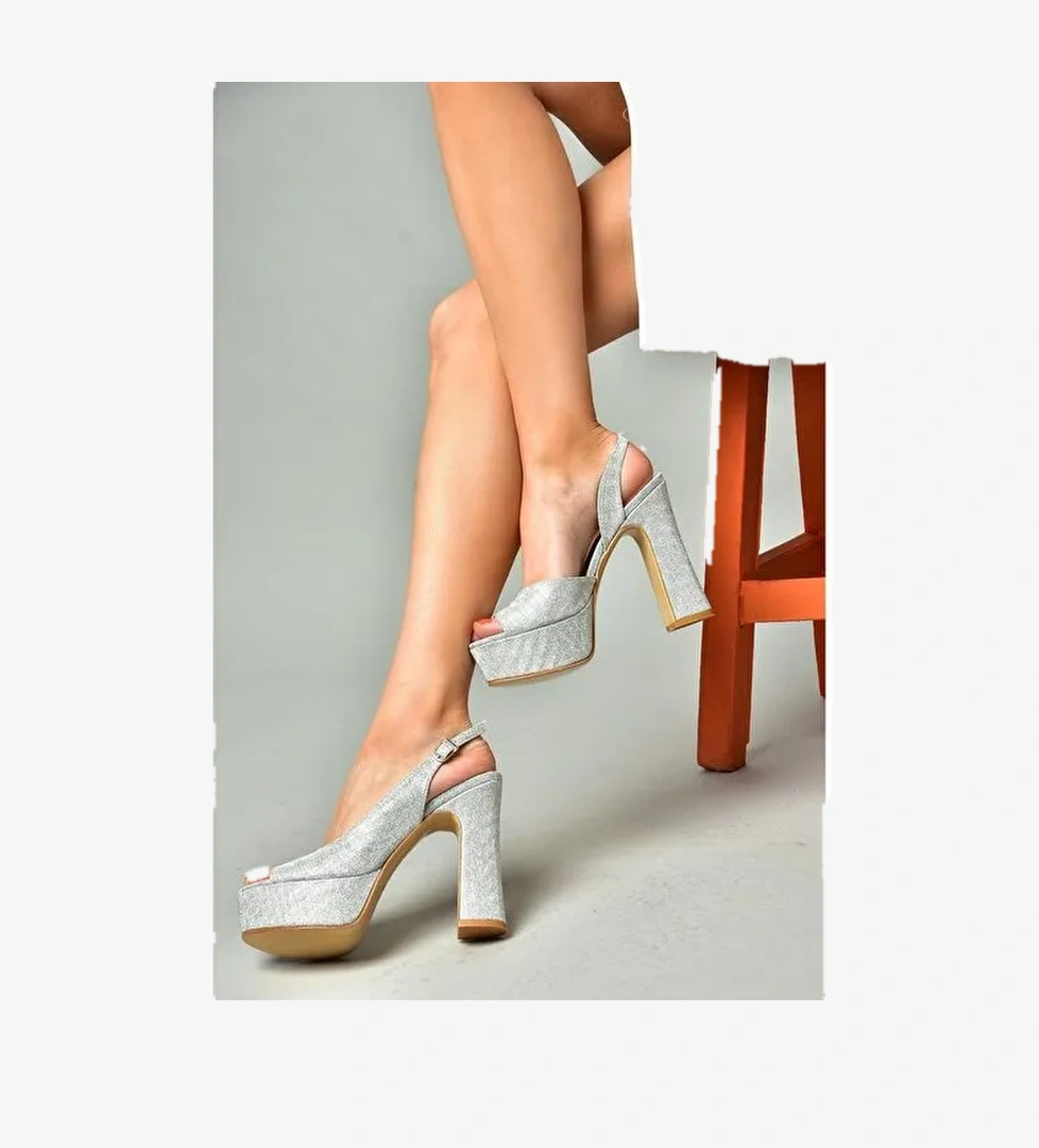 S246059914 Gümüş Sim Platform Topuklu Kadın Abiye Ayakkabı - Görsel 1
