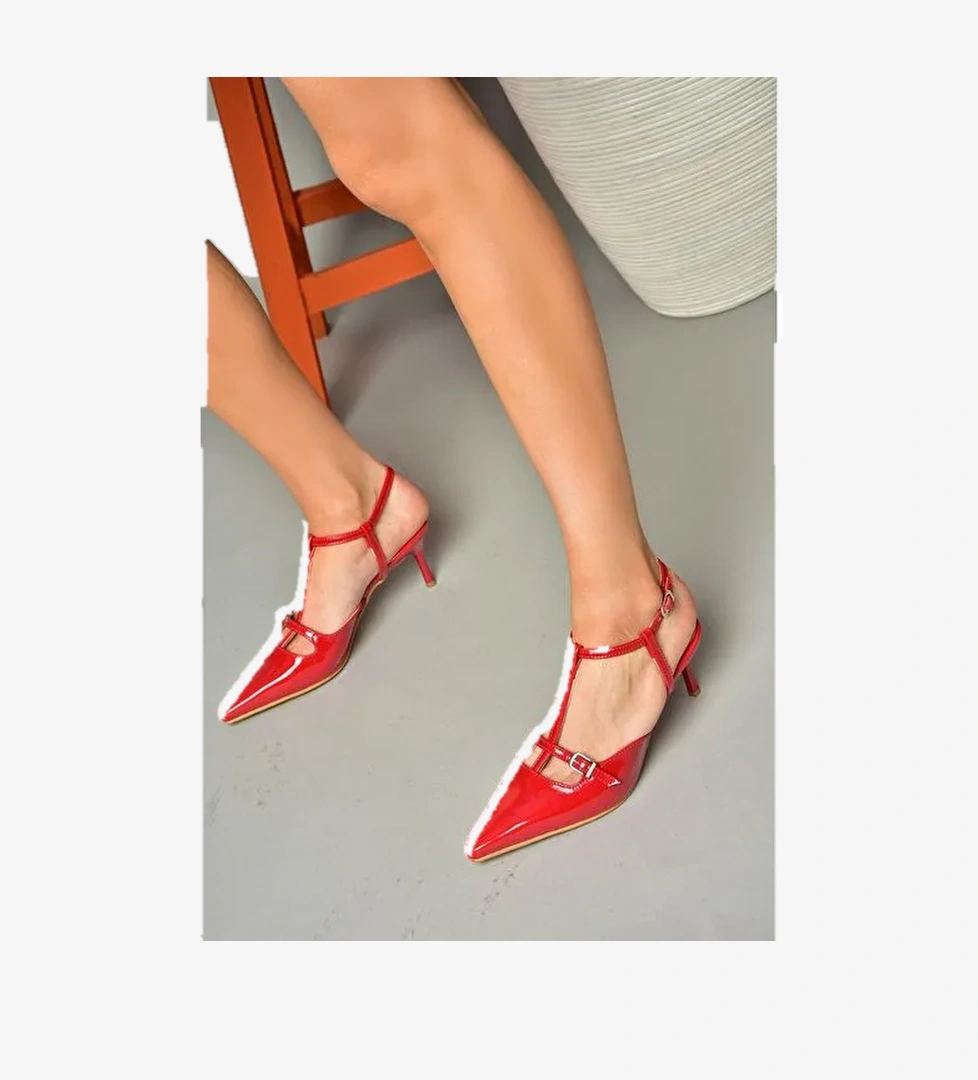 S654071208 Kırmızı Rugan Alçak Topuklu Kadın Ayakkabı - Görsel 1