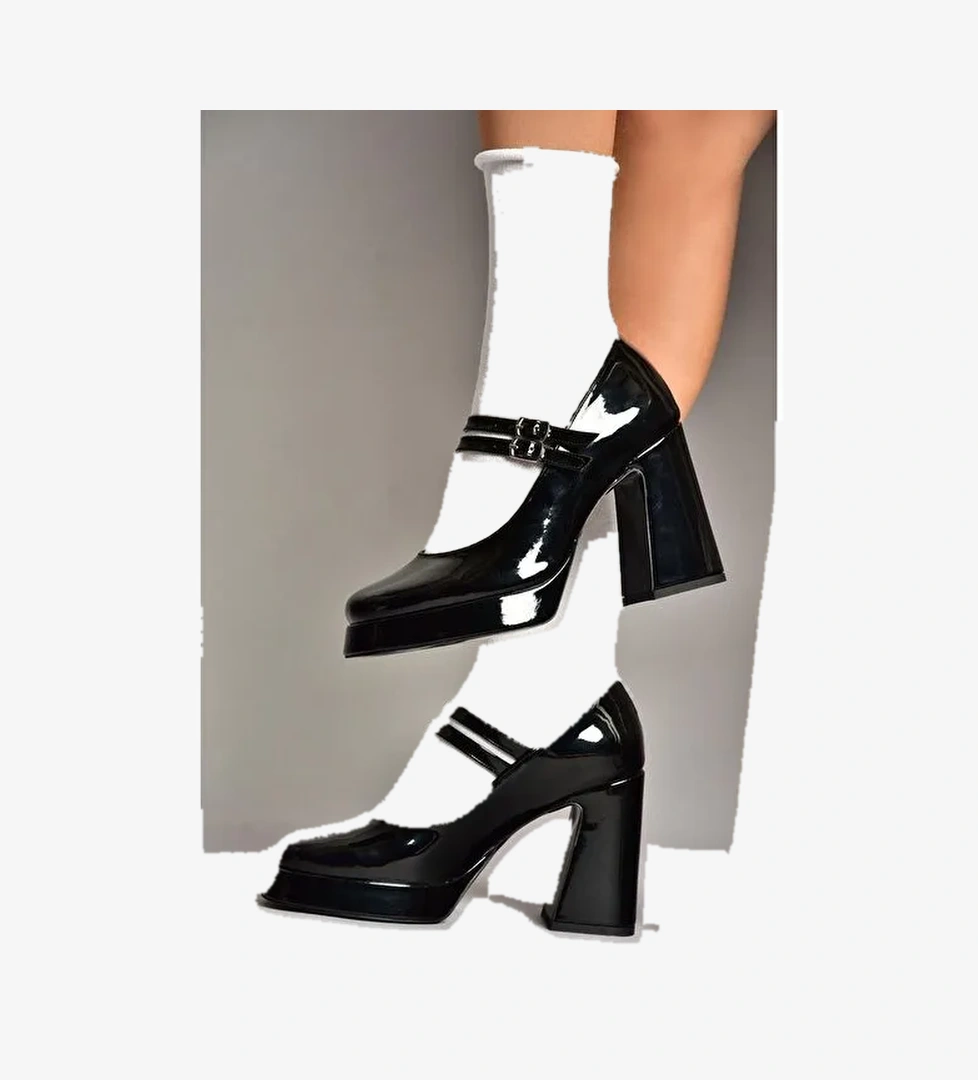 T569613308 Siyah Rugan Kalın Topuklu Kadın Ayakkabı - Görsel 1