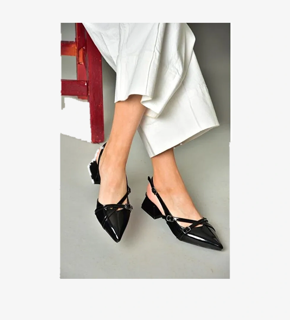 S820393208 Siyah Rugan Alçak Topuklu Kadın Ayakkabı - Görsel 1