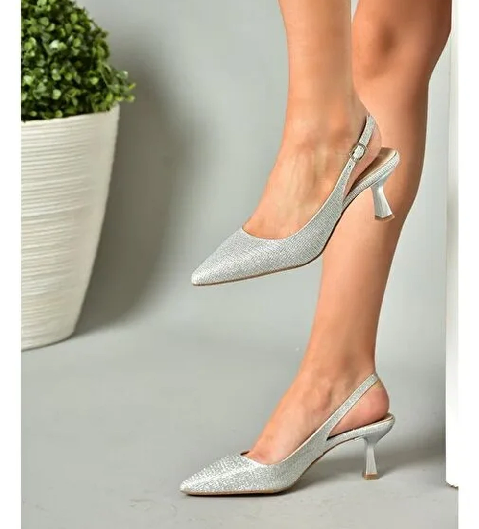 S518081714 Gümüş Sim Alçak Topuklu Kadın Ayakkabı - Görsel 1
