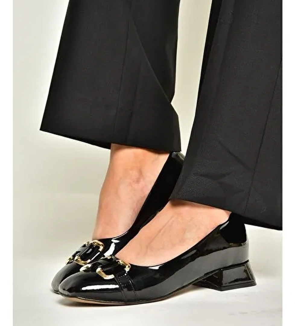 T590122808 Siyah Rugan Alçak Topuklu Kadın Ayakkabı - Görsel 1