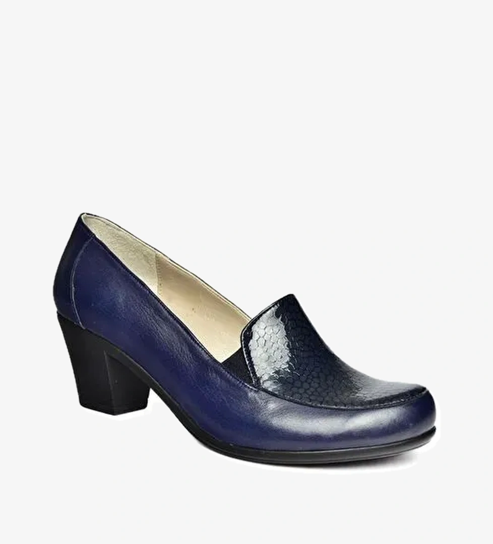 R908020603 Lacivert Hakiki Deri Kalın Topuklu Kadın Ayakkabı - Görsel 1