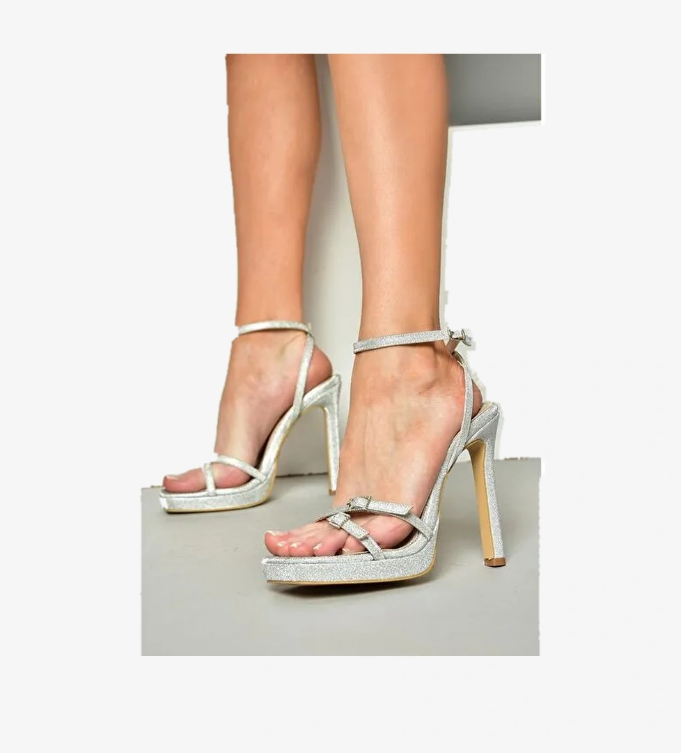 S569616114 Gümüş Sim Yüksek Topuklu Kadın Ayakkabı - Görsel 1