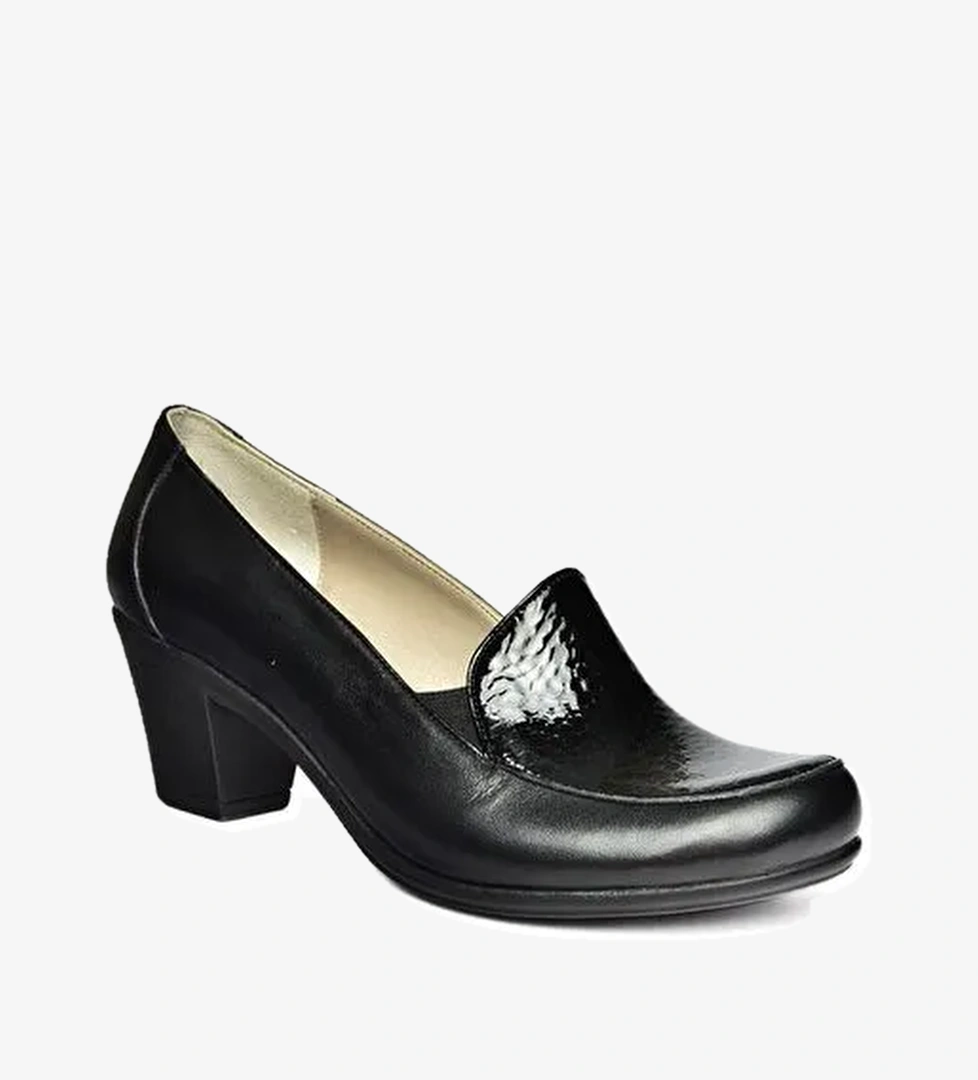 R908020603 Siyah Hakiki Deri Kalın Topuklu Kadın Ayakkabı - Görsel 1