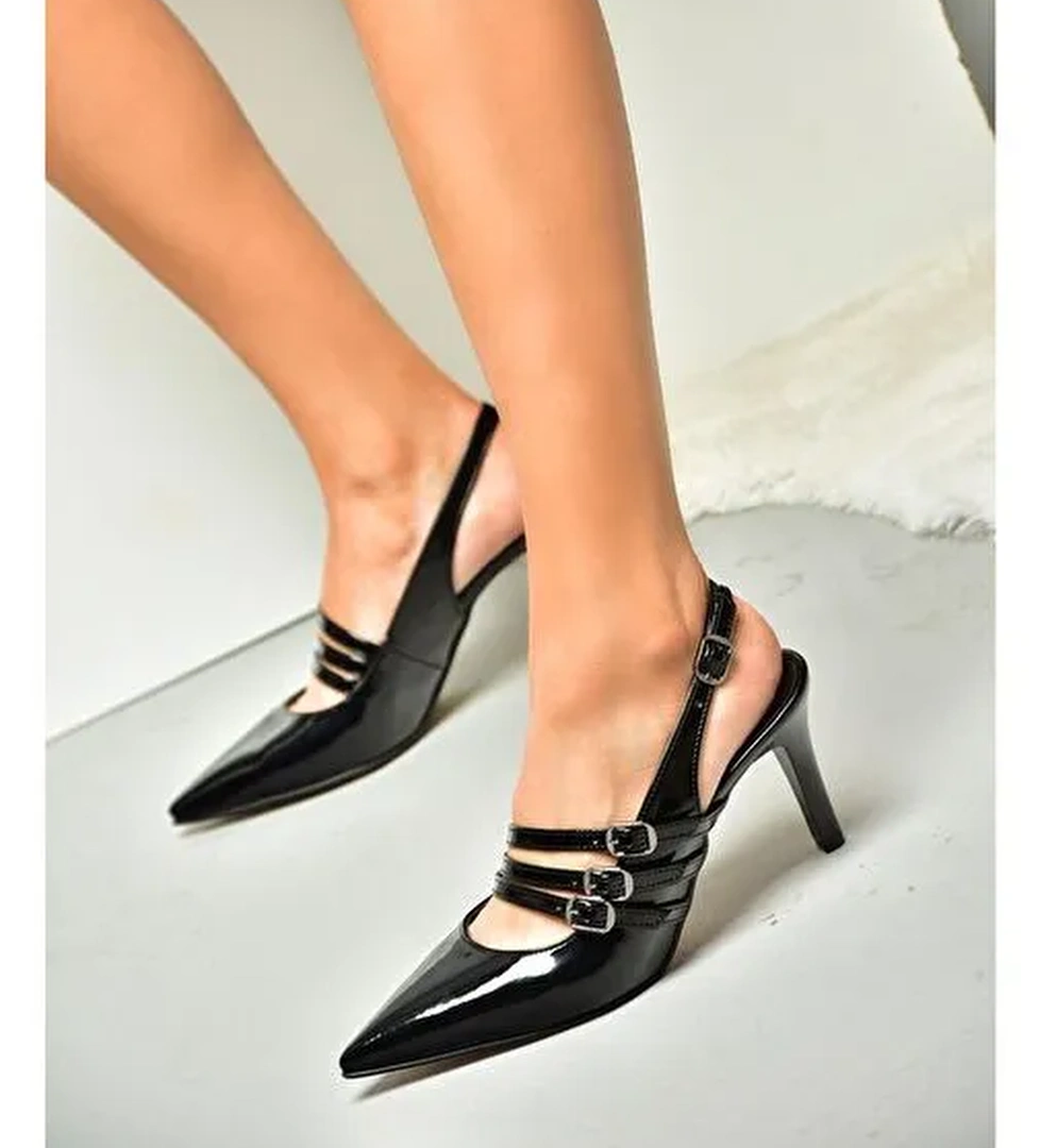 R654218308 Siyah Rugan İnce Topuklu Kadın Ayakkabı - Görsel 1