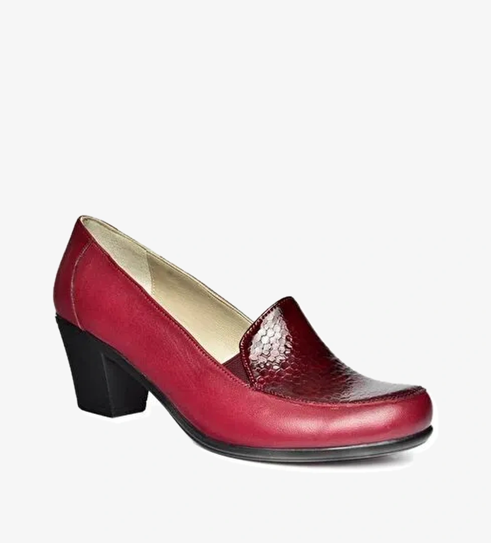 R908020603 Bordo Hakiki Deri Kalın Topuklu Kadın Ayakkabı - Görsel 1