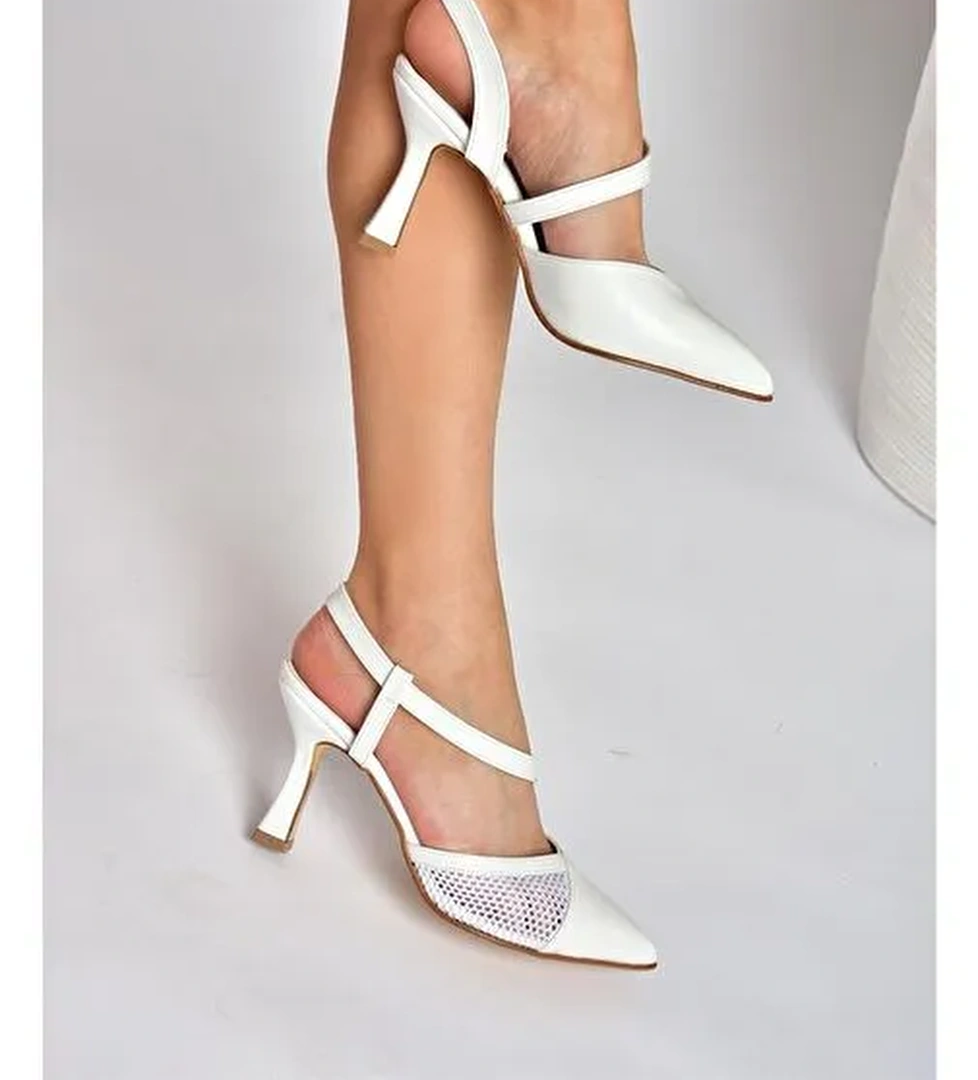 P372733109 Beyaz File Detaylı Kadın Topuklu Ayakkabı - Görsel 1