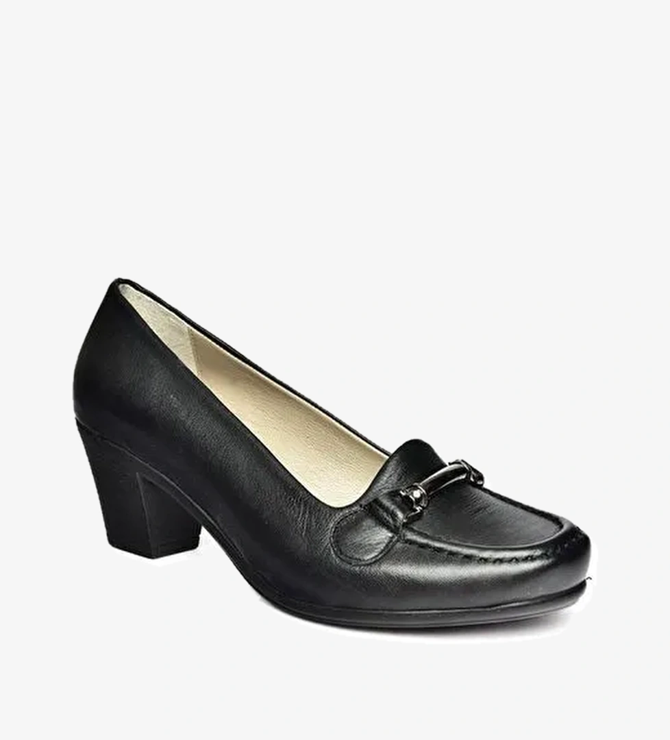 R908037103 Siyah Hakiki Deri Kalın Topuklu Kadın Ayakkabı - Görsel 1