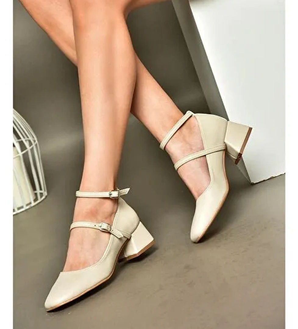 R654037209 Bej Kalın Topuklu Kadın Ayakkabı - Görsel 1