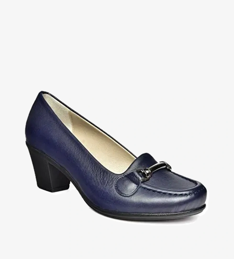 R908037103 Lacivert Hakiki Deri Kalın Topuklu Kadın Ayakkabı - Görsel 1