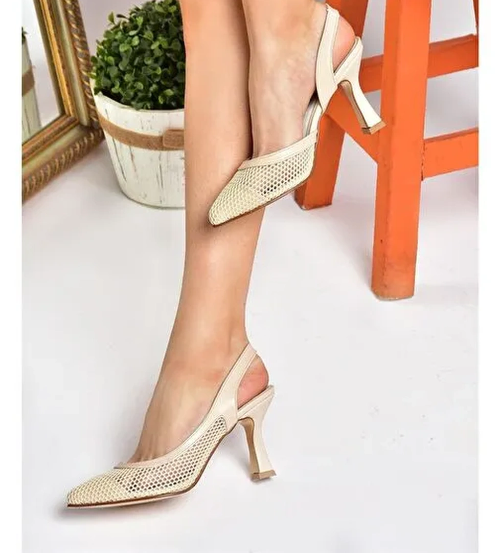 K749432415 Bej File Detaylı Kadın Topuklu Ayakkabı - Görsel 1