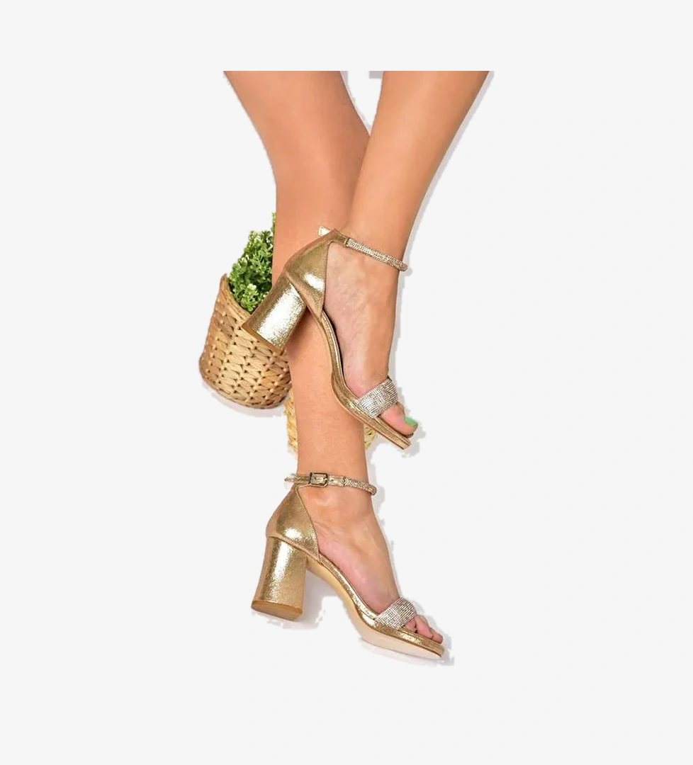 M348271114 Bronz Sim Kalın Topuklu Kadın Abiye Ayakkabı - Görsel 1