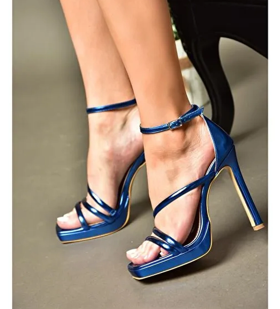 P569012459 Saks Mavi Metalik Yüksek Topuklu Kadın Abiye Ayakkabı - Görsel 1