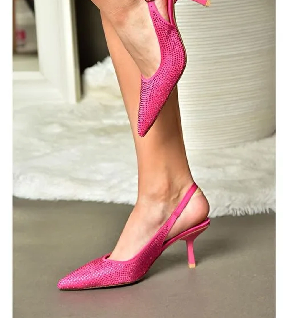 P820262004 Fuşya Kumaş Taşlı İnce Topuklu Kadın Abiye Ayakkabı - Görsel 1