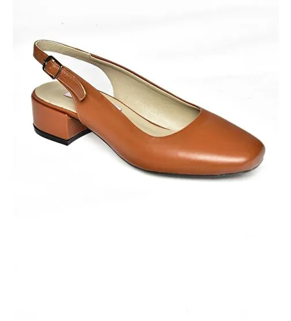 S908040003 Taba Hakiki Deri Kalın Topuklu Kadın Ayakkabı - Görsel 1