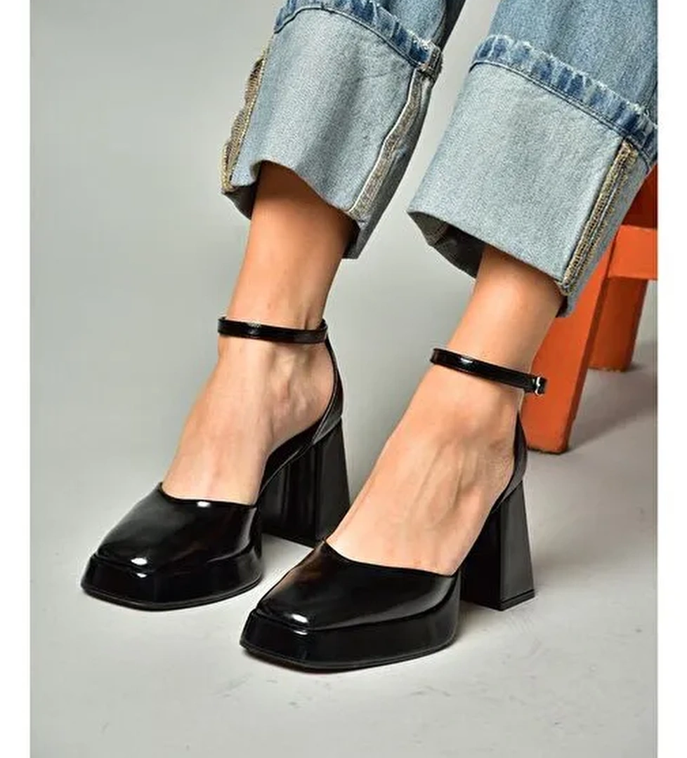 S282030308 Siyah Rugan Kalın Topuklu Kadın Ayakkabı - Görsel 1