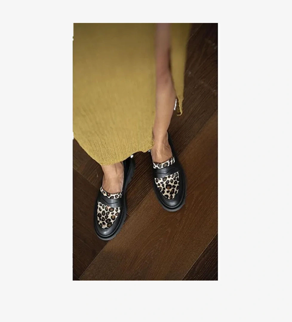 Ece'nin Butiği Siyah-Leopar Kadın Deri Loafer Orban-22 - Görsel 1