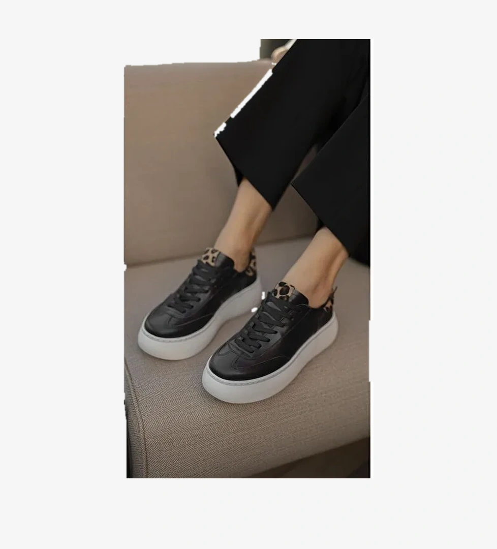 Baena Siyah-Leopar Hakiki Deri Kadın Spor Ayakkabı - Görsel 1