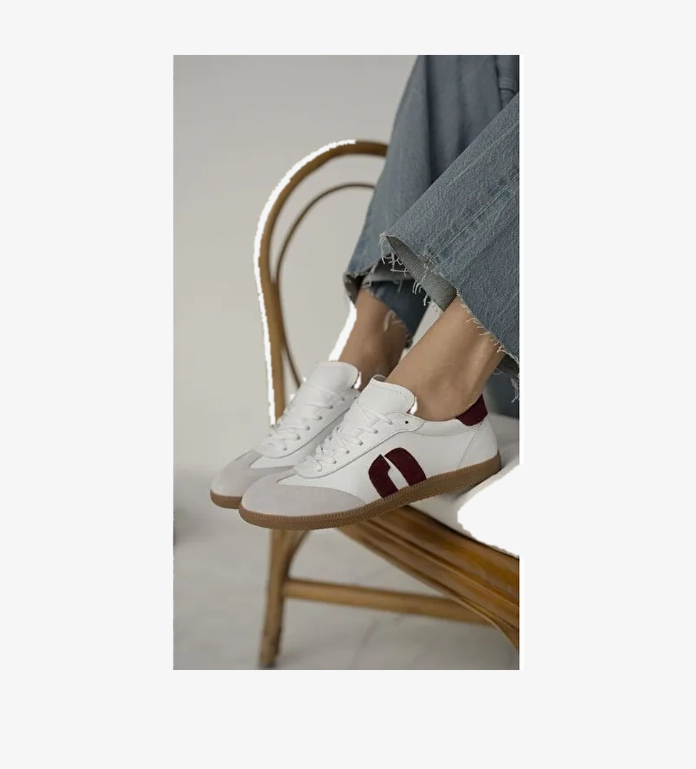 Tolisso Beyaz-Bordo Hakiki Deri Spor Ayakkabı - Görsel 1