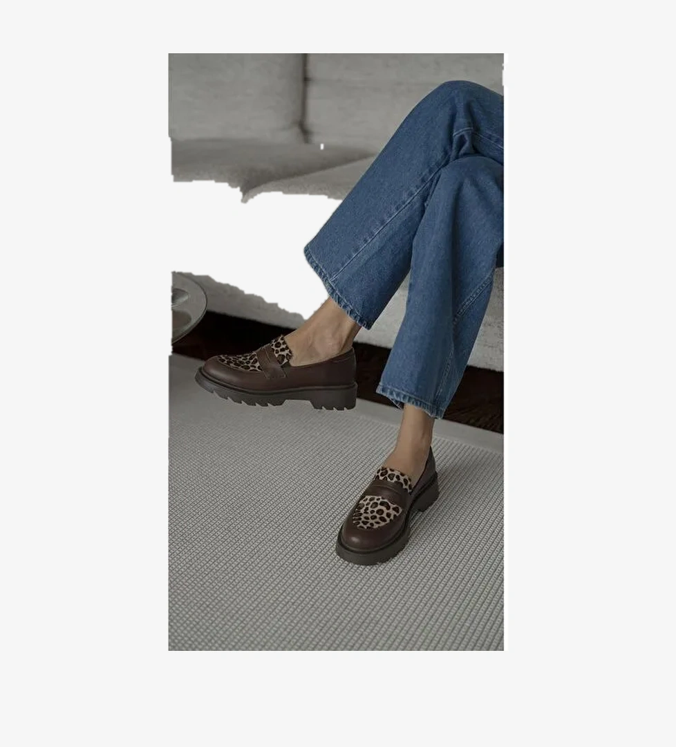 Orban Kahve-Leopar Hakiki Deri Kadın Makosen Ayakkabı - Görsel 1