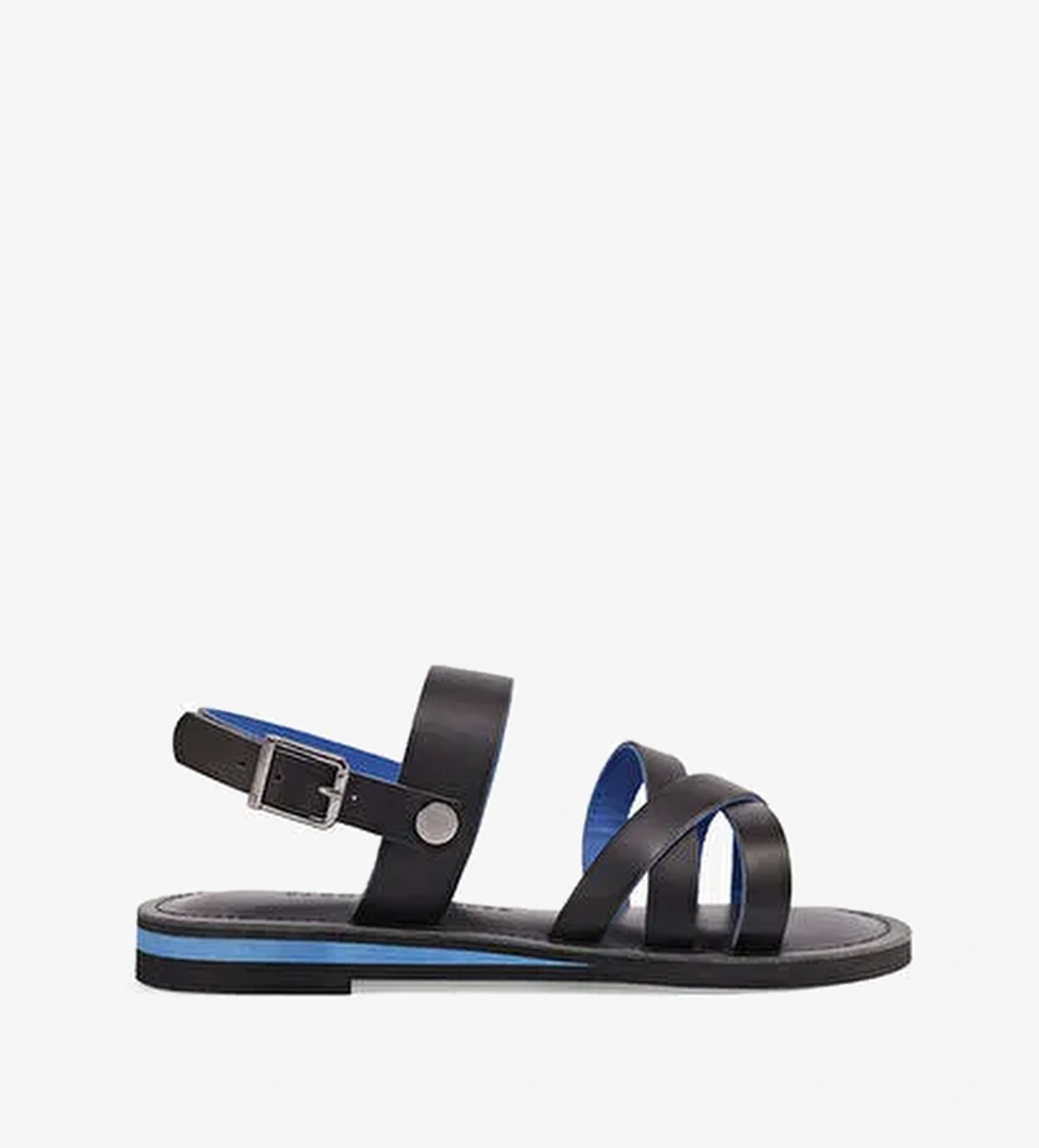 Yargıcı Siyah-Mavi Kadın Deri Sandalet 24YKAY4586X - Görsel 1