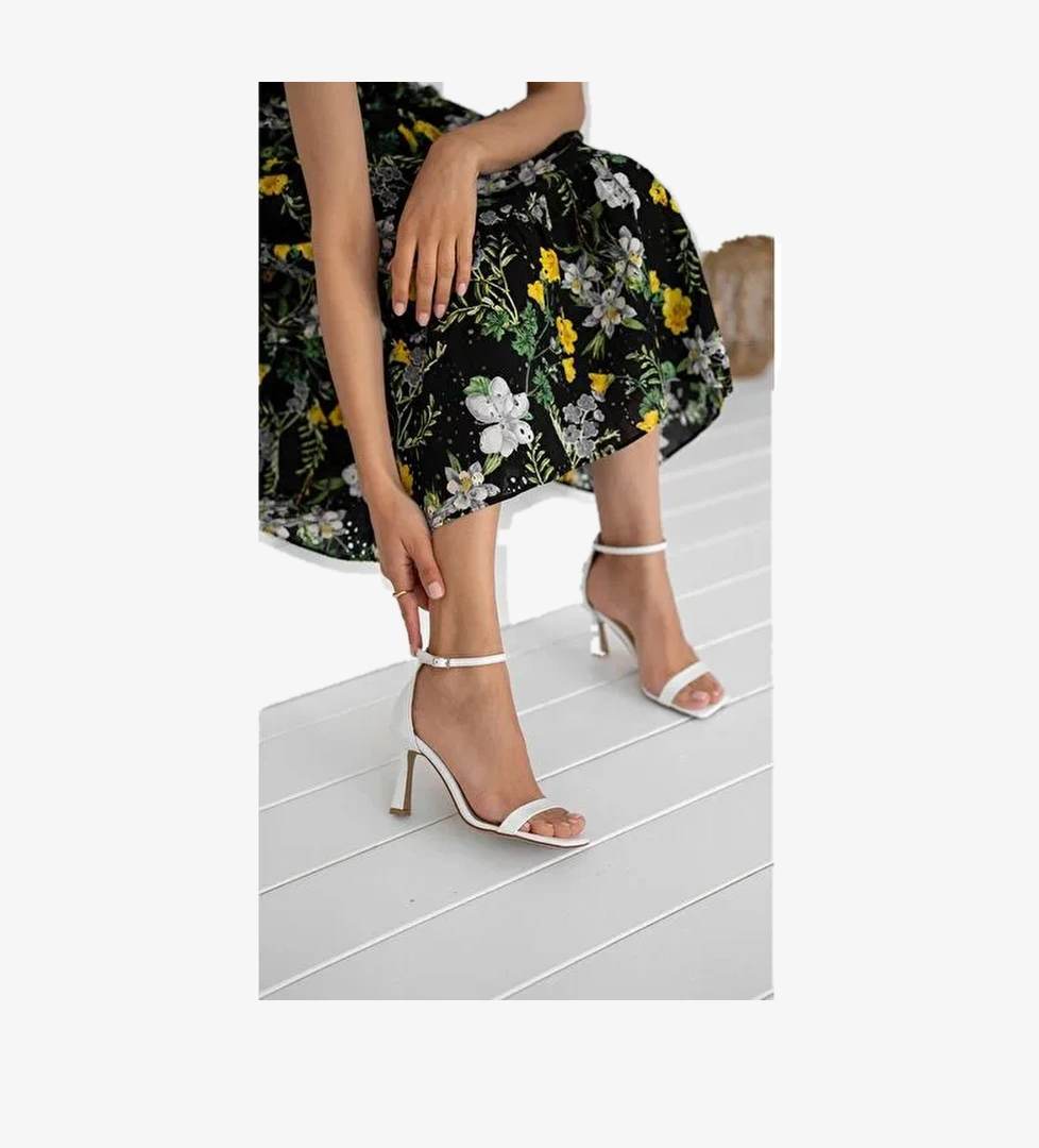 Ece'nin Butiği Beyaz Kadın Deri Topuklu Sandalet Arrow-2 - Görsel 1