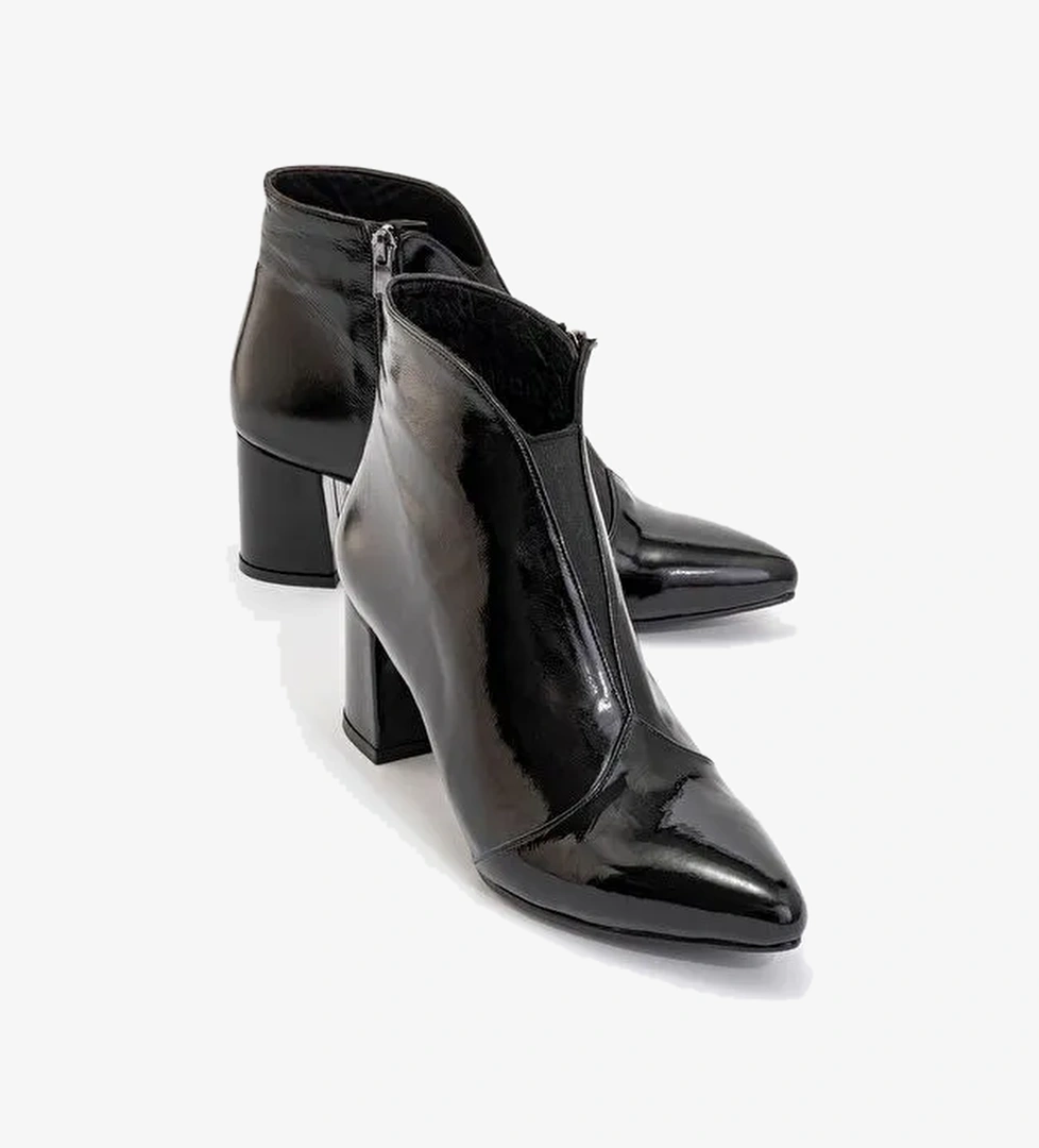 FİNDA Siyah Rugan Hakiki Deri Kadın Kalın Topuklu Bot - Görsel 1