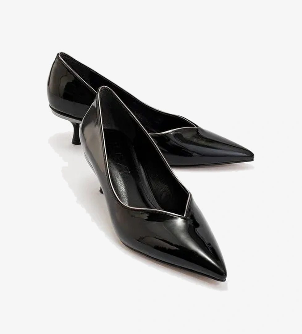 EUPHO Siyah Rugan-Platin Kadın Kısa Topuklu Ayakkabı - Görsel 1