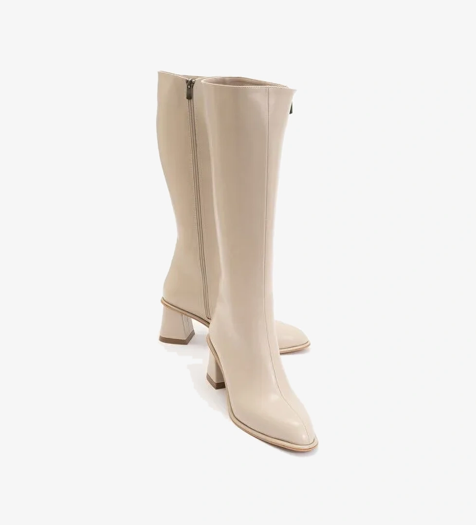 PARADİS Bej Cilt Kadın Kalın Topuklu Çizme - Görsel 1
