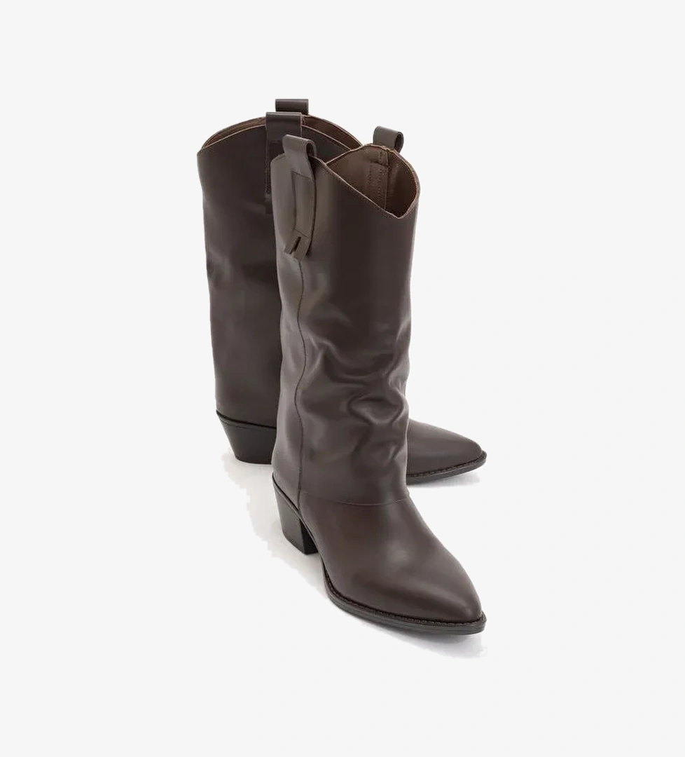 SOJO Kahverengi Cilt Hakiki Deri Kalın Topuklu Kısa Çizme - Görsel 1