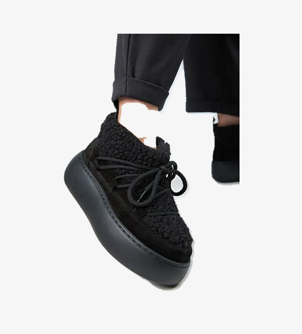 Manijero (Eleni) Kadın Hakiki Deri İçi Kürklü Mini Tedy Detaylı Siyah Bot - Görsel 1