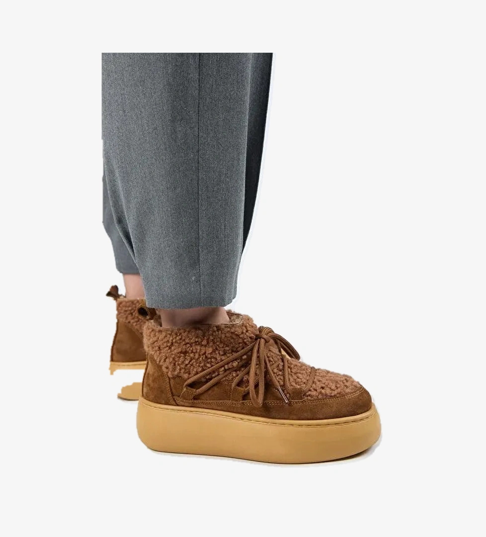 Manijero (Eleni) Kadın Hakiki Deri İçi Kürklü Mini Tedy Detaylı Taba Bot - Görsel 1