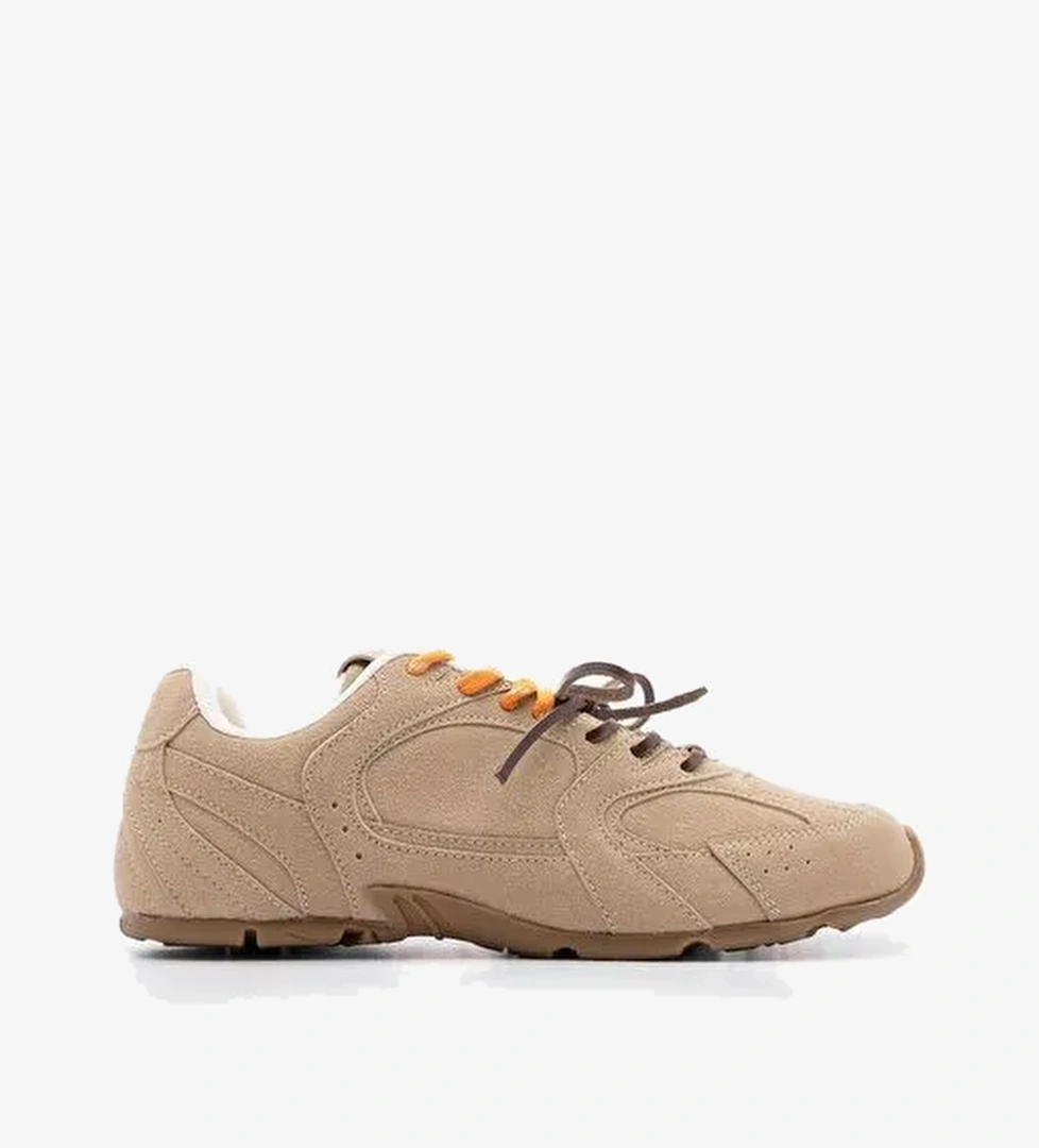 Kadın Sneaker Çift Bağcıklı Spor Ayakkabı Povin Camel Süet - Görsel 1
